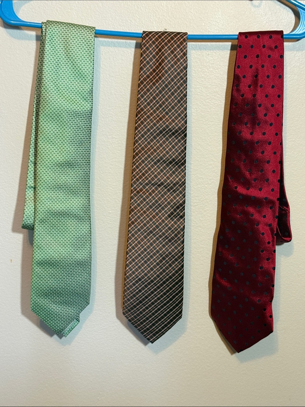 Banana Republic/Perry Ellis ties Green, Brown Plaid & Burgundy with Navy Dots